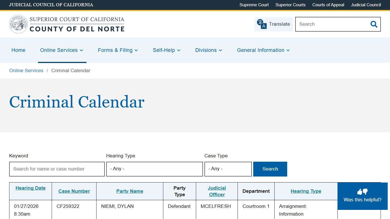 Criminal Calendar Superior Court of California County of Del Norte
